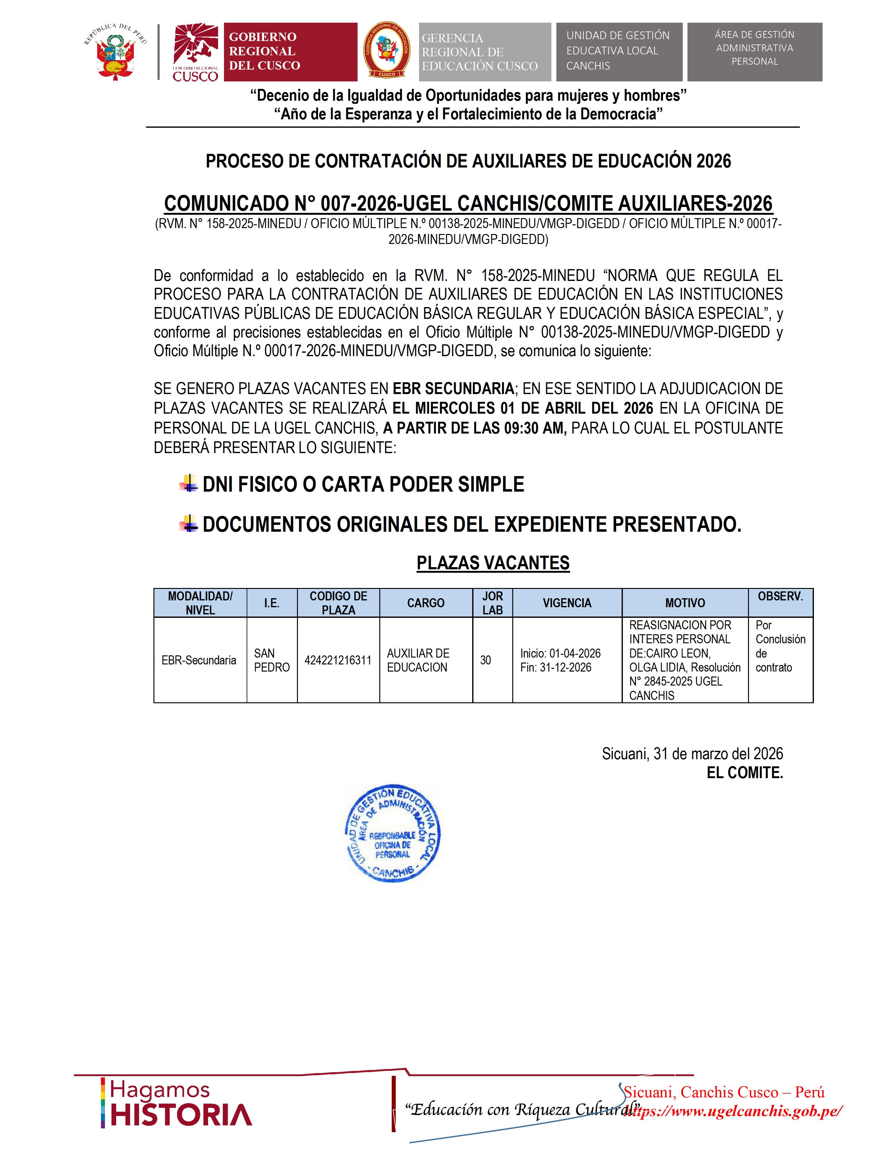 PROCESO DE CONTRATACIÓN DE AUXILIARES DE EDUCACIÓN 2026 COMUNiCADO N° 007-2026-UGEL CANCHIS/COMITE AUXILIARES-2026